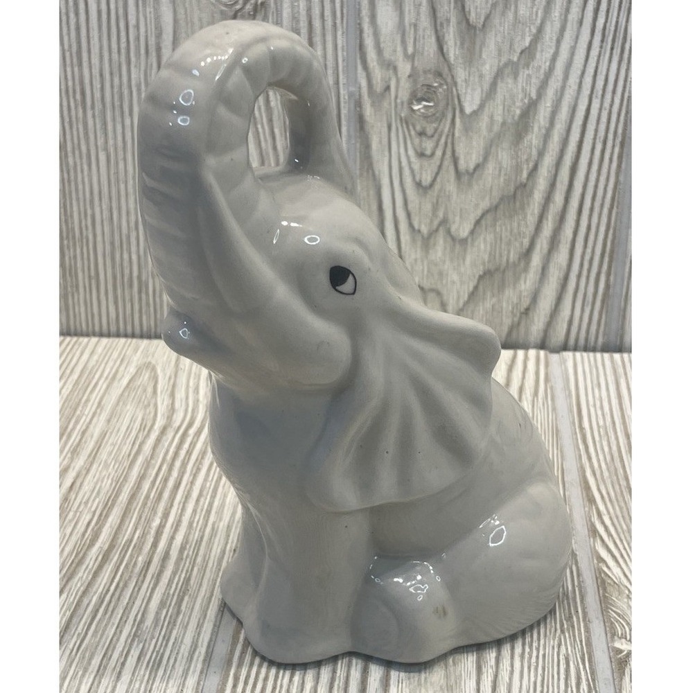 Vintage Ceramic Elephant Figurine Trunk Up Good Luck Glossy Gray Made in Brazil